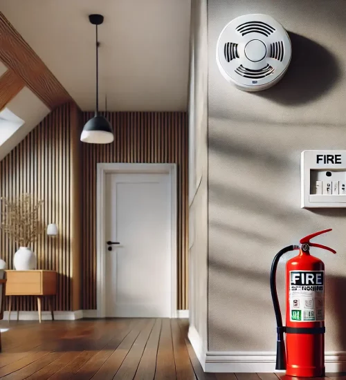 DALL·E 2024-10-01 17.33.57 - An interior view of a house showing a smoke detector mounted on the ceiling and a fire extinguisher placed on the wall. The setup highlights the impor
